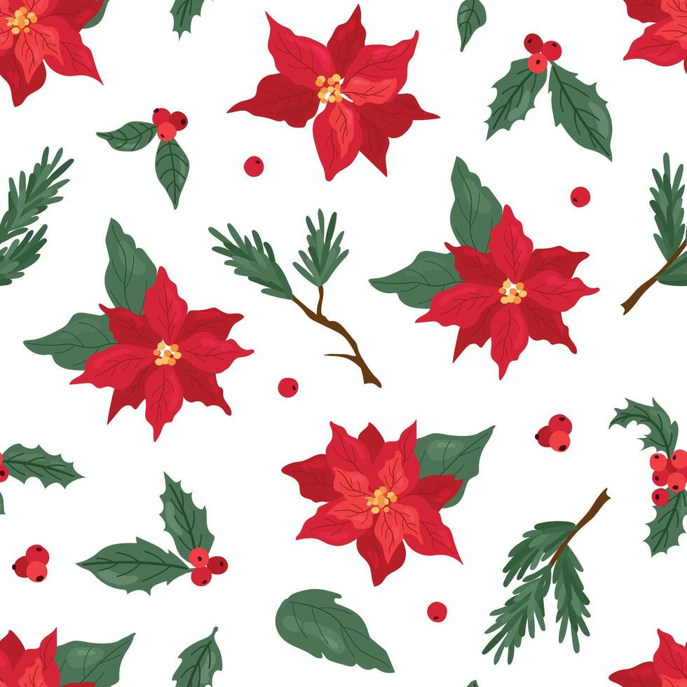 Seamless pattern with Christmas poissetia flowers. Design for fabric, textiles, wallpaper, packaging. vector