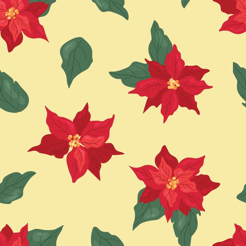 Seamless pattern with Christmas poissetia flowers. Design for fabric, textiles, wallpaper, packaging vector