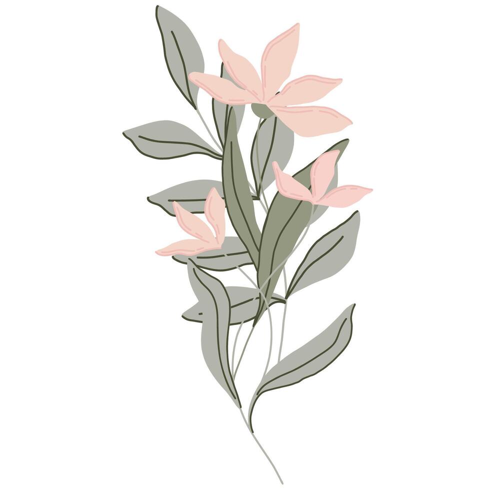 Minimalist floral illustration featuring soft pink flowers with long petals and light green leaves. Elegant and modern design suitable for wall art, stationery, branding, or digital creations vector