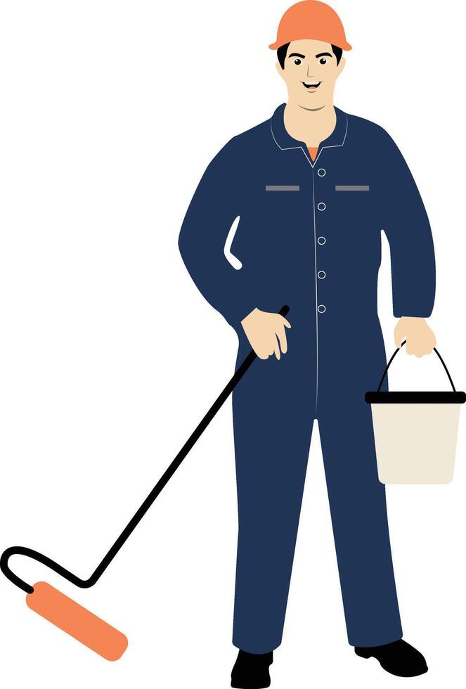 Male Worker Holding Paint Roller and Paint Bucket vector