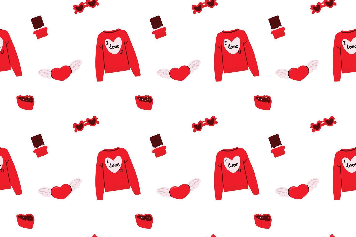 Valentine's day seamless pattern with red sweater, hearts, sunglasses and chocolate. vector