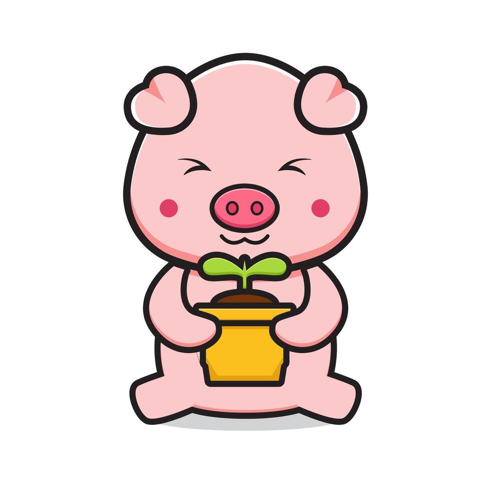 Cute pig holding pot character cartoon icon illustration vector