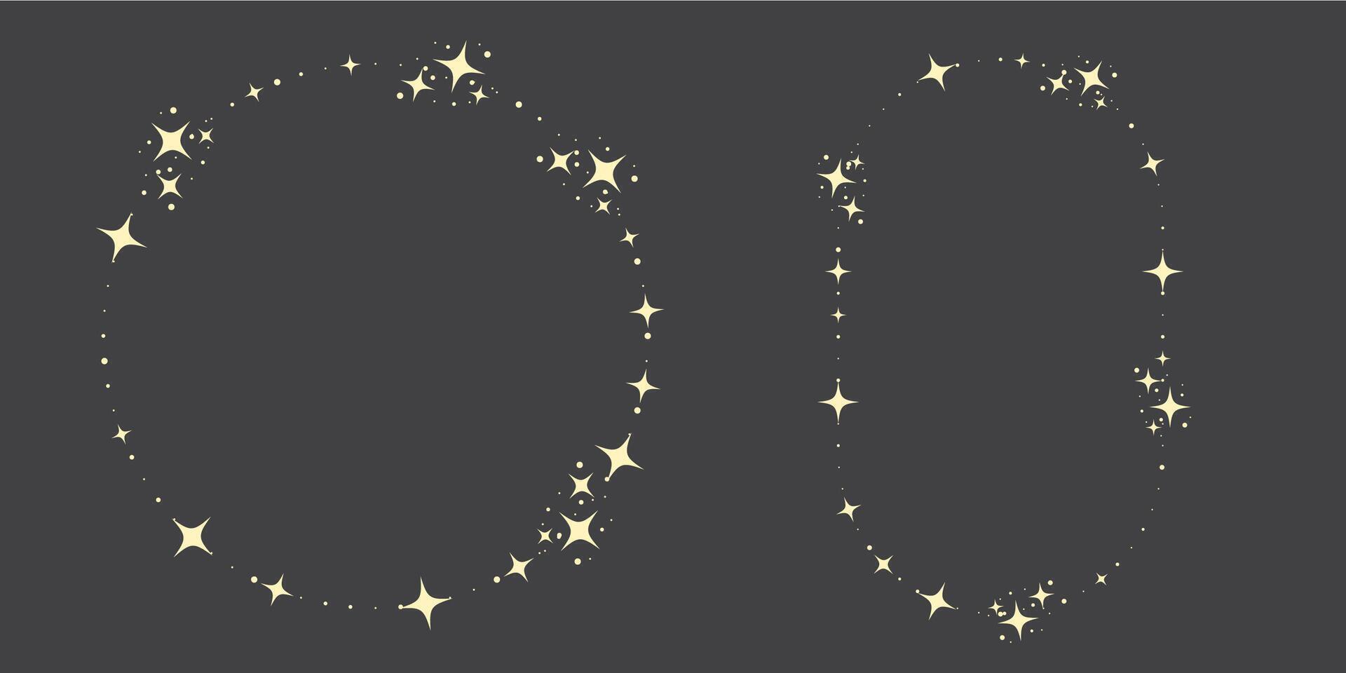 Magic star arch. Stars arch, star compositions graphic art. Shiny elements, starry and dots silhouettes. Comets and abstract constellations, retro celestial set vector