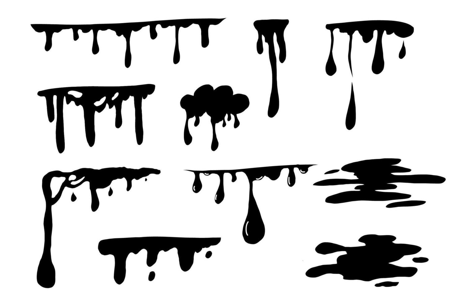 Paint drip splatter, liquid stain fluid ink droplet. Graffiti splash black melt. Paint flows, melt spray border. vector