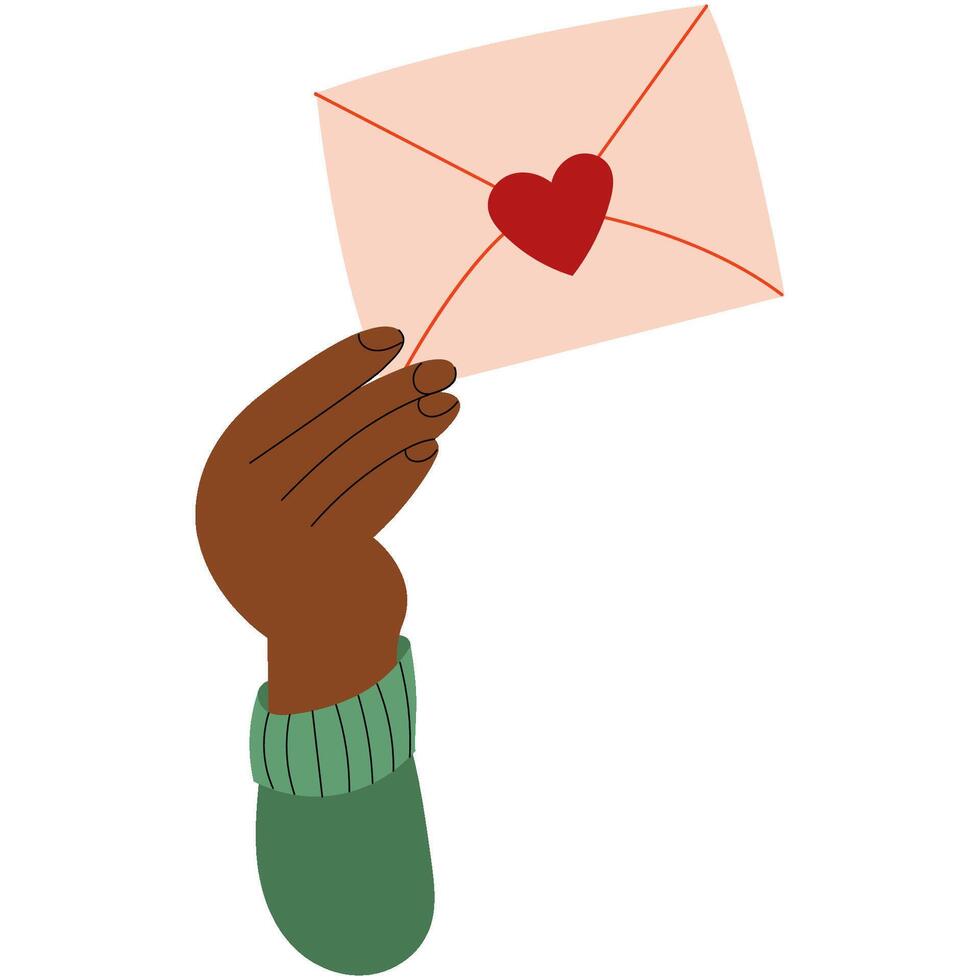 A dark skin hand holding a Valentines Day envelope with a heart symbol. Happy Valentines day vector