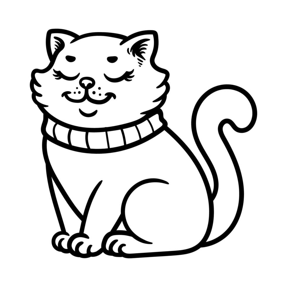 fun beauty sitting cat with scarf isolated drawing line art style sketch classic vintage design illustration vector