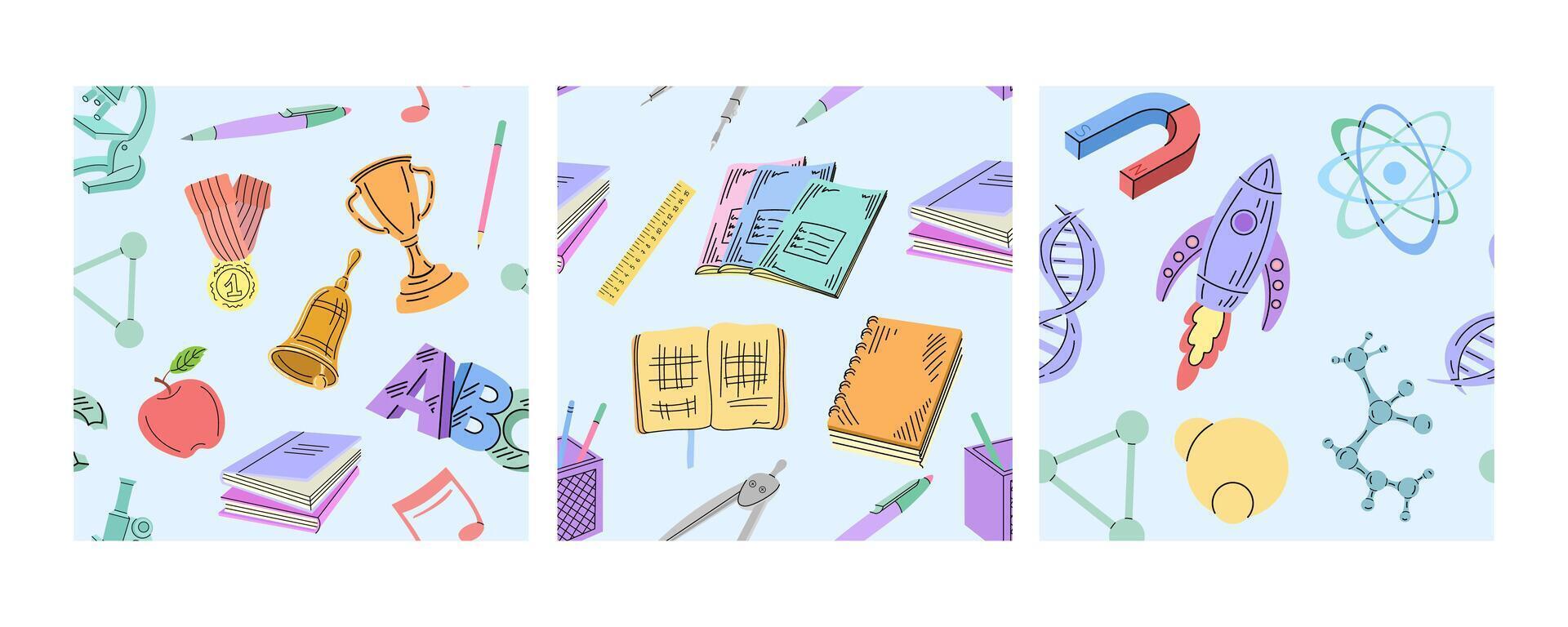 Seamless school patterns with books, science symbols, and trophies in flat doodle style vector