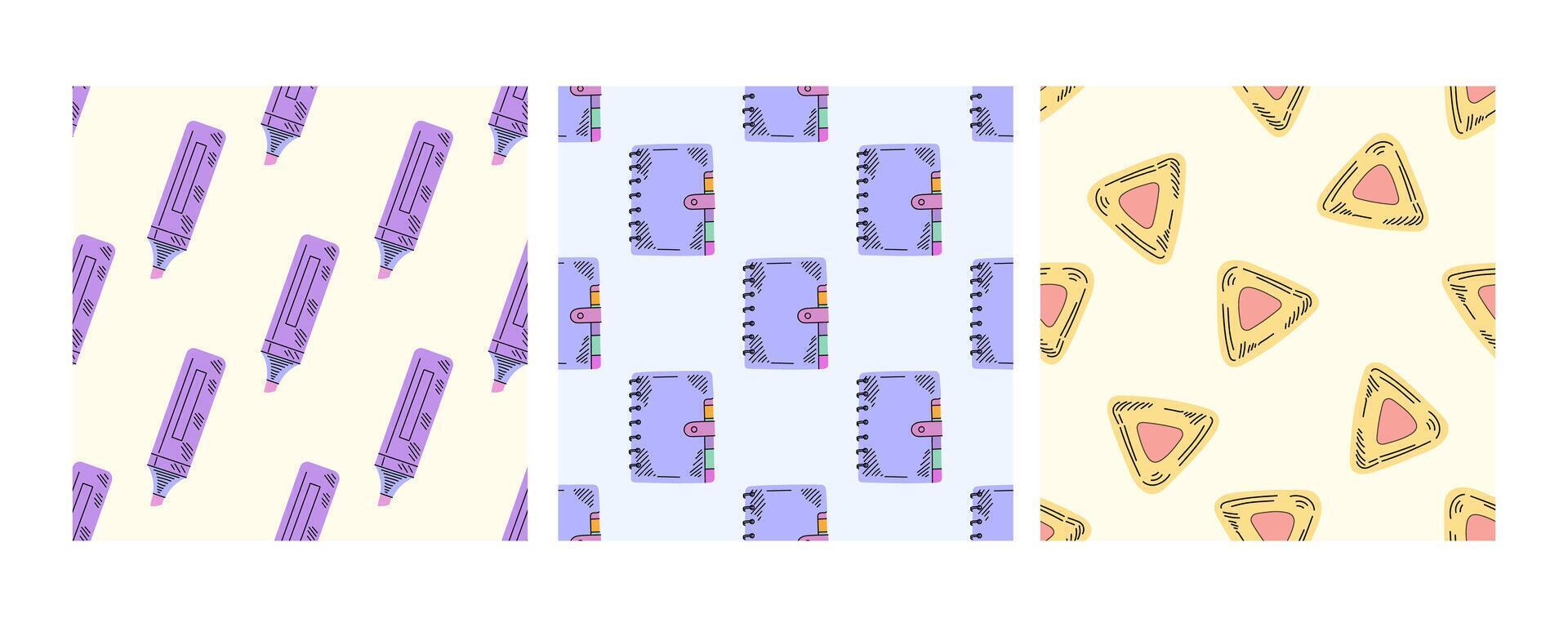 Seamless school patterns with markers, notebooks, and triangles in flat doodle style vector