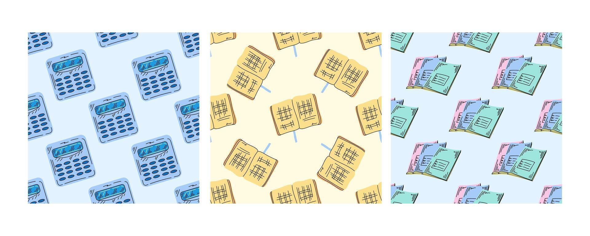Seamless school patterns with calculators, open books, and graph papers in flat doodle style vector