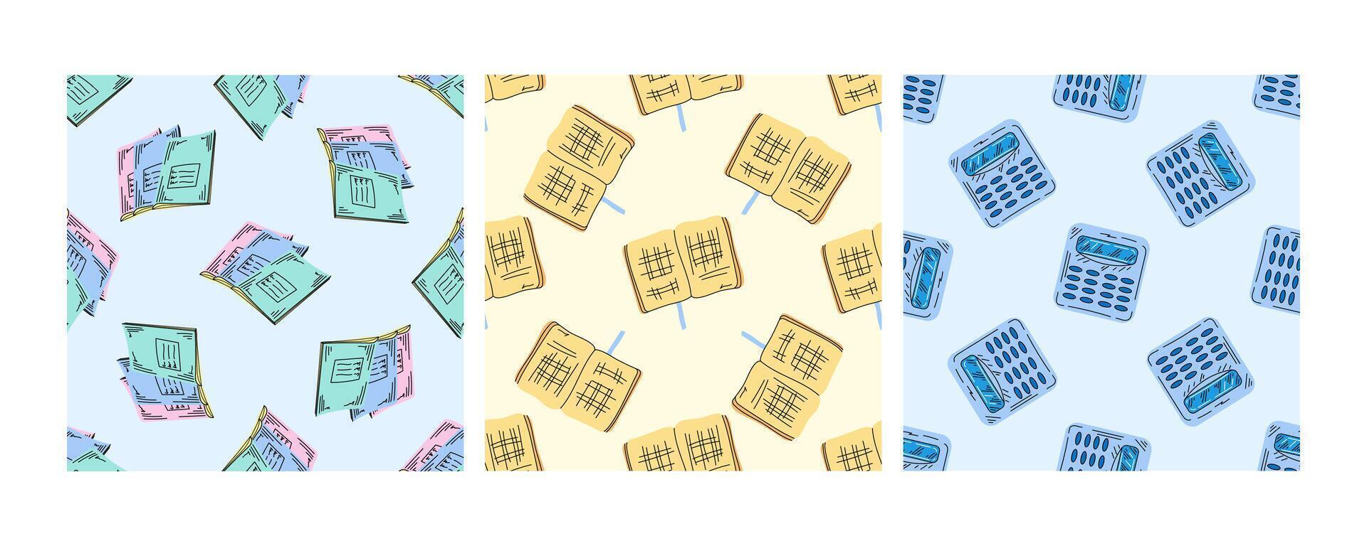Seamless school patterns with notebooks, calculators, and graph papers in flat doodle style vector