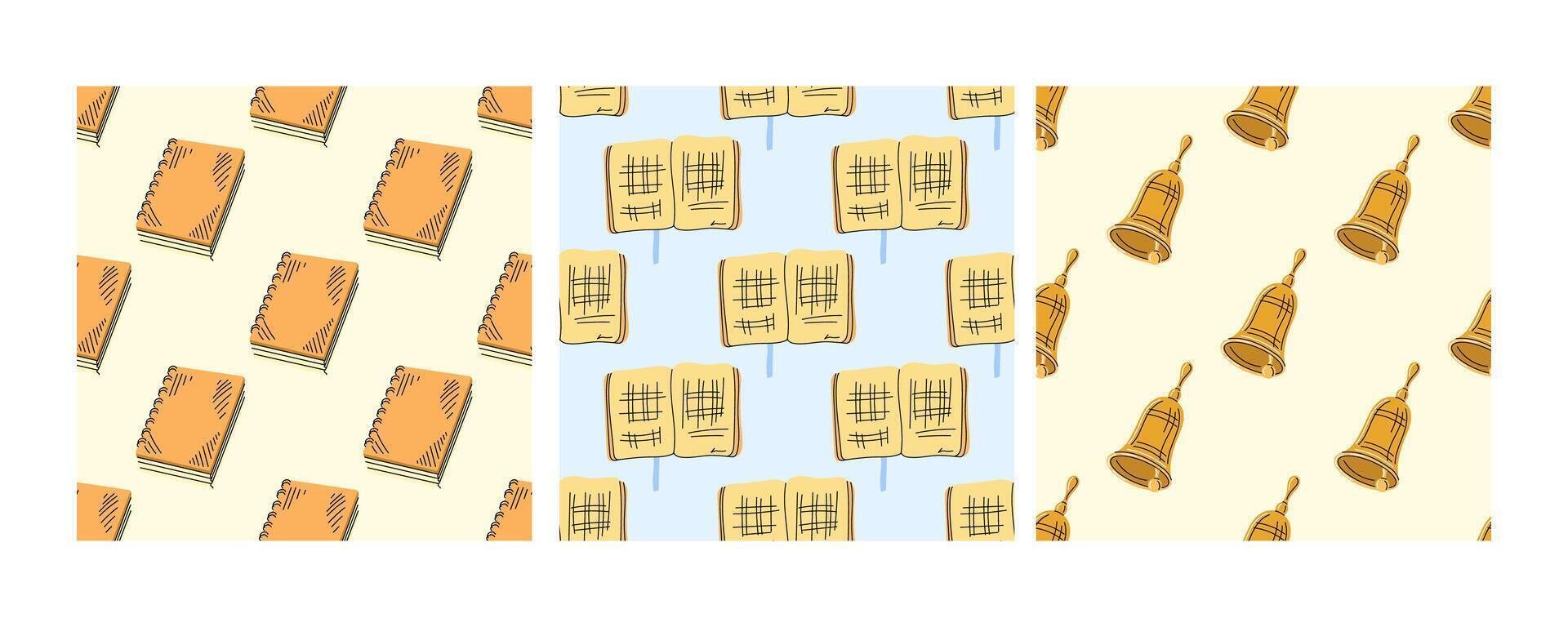 Seamless school patterns with notebooks, open books, and bells in flat doodle style vector