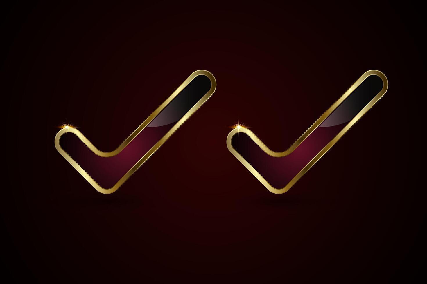 Set of two sleeks golden checkmark with a glossy black and deep red gradient interior. Two small glowing sparkles is visible at the top corner, emphasizing elegance vector