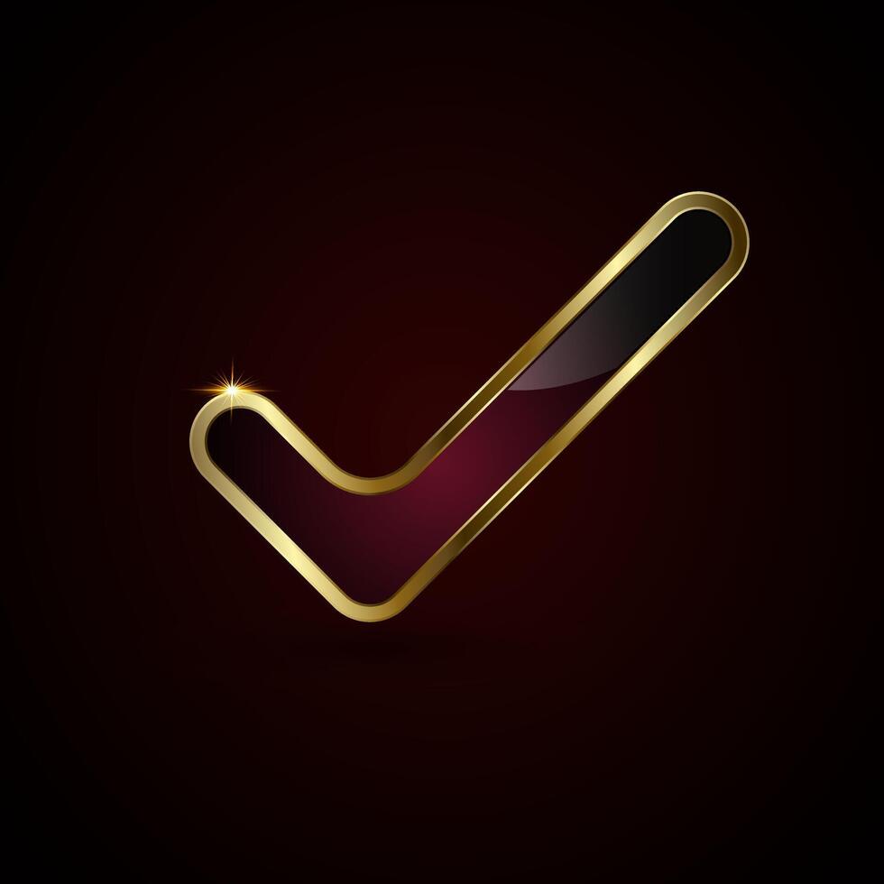 A sleek golden checkmark with a glossy black and deep red gradient interior. A small glowing sparkle is visible at the top corner, emphasizing elegance and luxury. vector