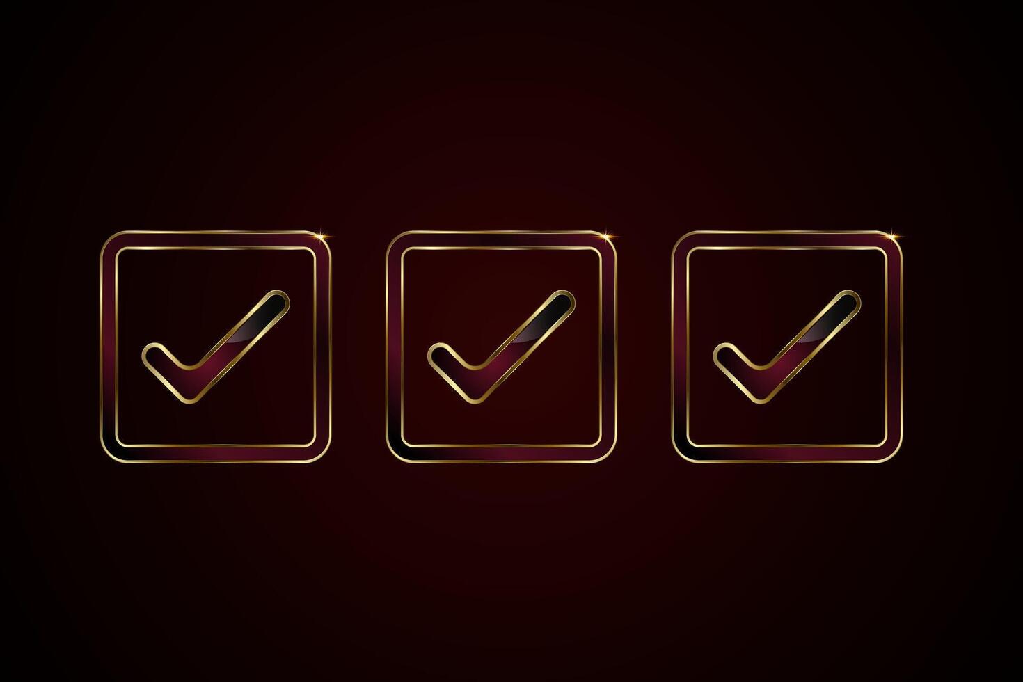 Set of three sophisticated golden checkmark is enclosed within three squares golden frame. Three glossy black and deep burgundy gradient interior creates a luxurious appearance. vector