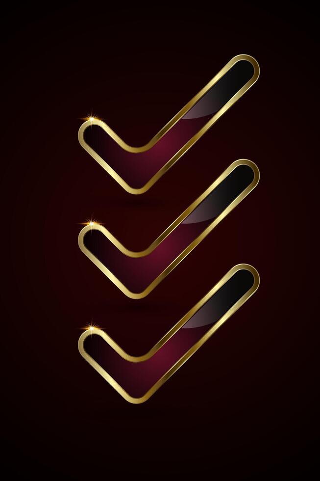 Three sleeks golden checkmark with a glossy black and deep red gradient interior. Three small glowing sparkles is visible at the top corner, emphasizing elegance vector