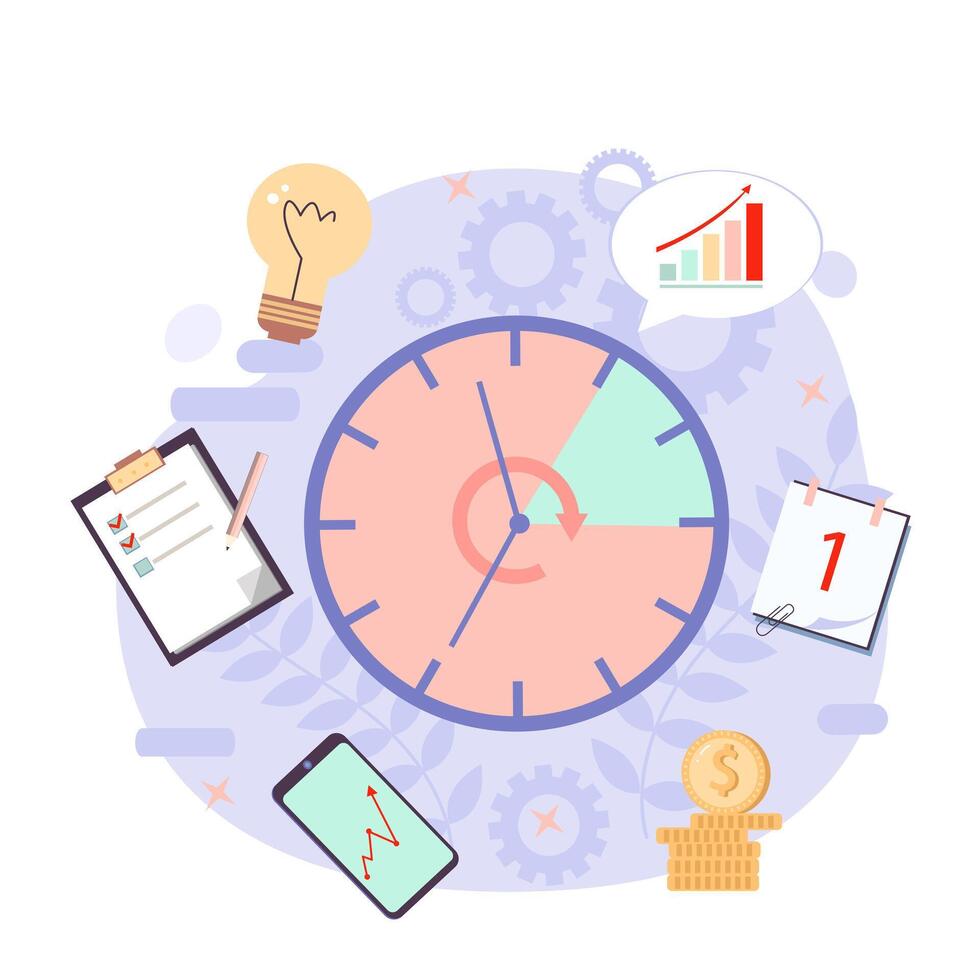 Productivity illustration. Watch. Effective time management elements for your design. Planning tasks, activities, schedules, working time. vector