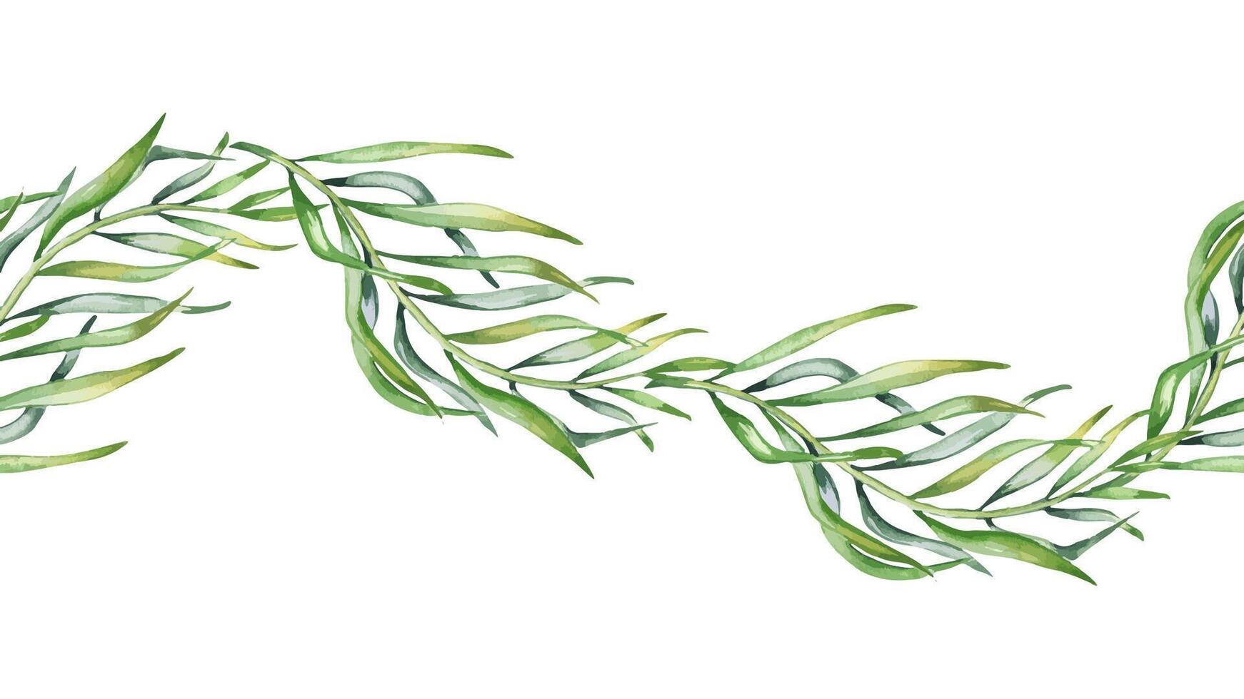 Palm branch green leaves in watercolor on wavy seamless border isolated. Tropical plant acai hand drawn on endless banner. Repeating botanical pattern for wedding invitations, textile, package. vector