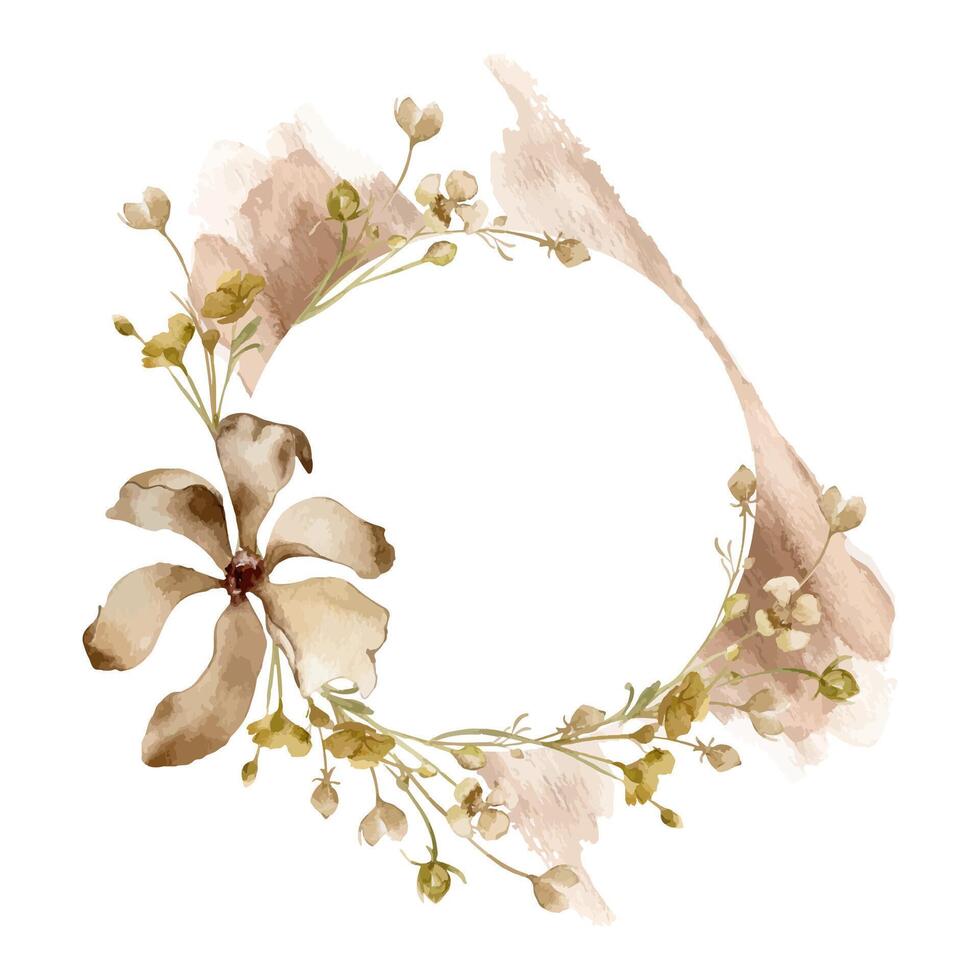 Beige flowers on watercolor splash isolated on white. Monochrome floral frame in watercolor neutral color. Abstract plants in brown. Dry flowers hand drawn. Design of branding, package, wall art vector