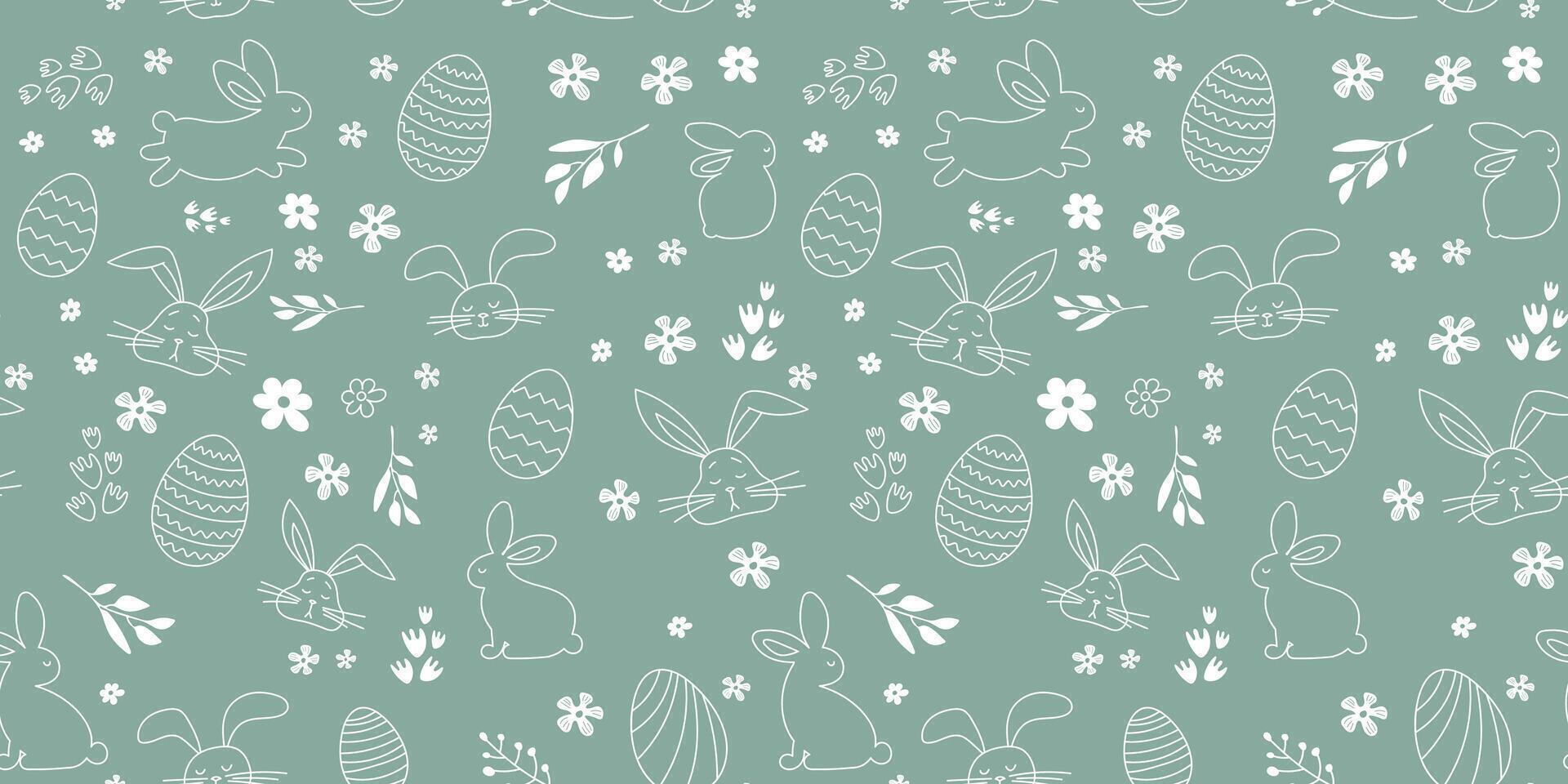 doodle seamless pattern for Easter. Easter bunnies, eggs and flowers on green background.Sweet and beautiful.Can be used as gift paper, card and wallpaper vector