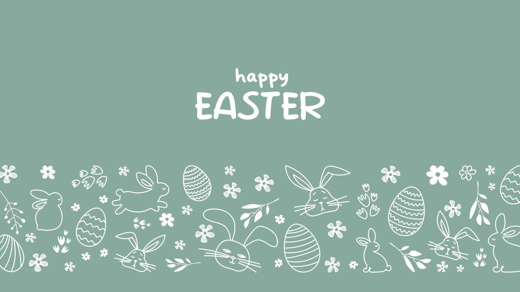 Happy Easter.Greeting card on the theme of the religious holiday. Horizontal banner with hand drawn bunnies,Easter eggs and flowers.Can be used for poster,invitation and preview.green background vector