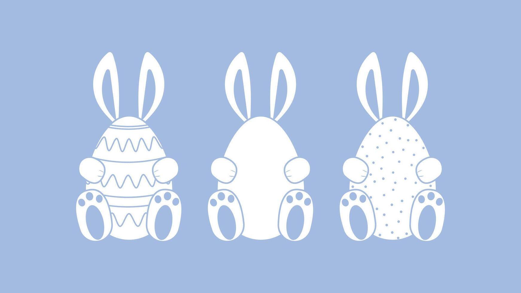 Set of cute Easter bunnies.Three bunnies hiding behind the eggs. design elements.Isolated on lavender background.Used for printing on clothes, packaging, wallpaper.Sticker, decal, object. vector