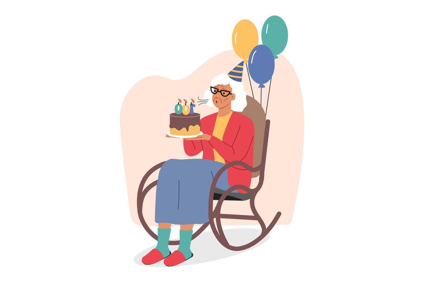 Elderly woman celebrates centenary and blows out candles on birthday cake, sits in rocking chair vector