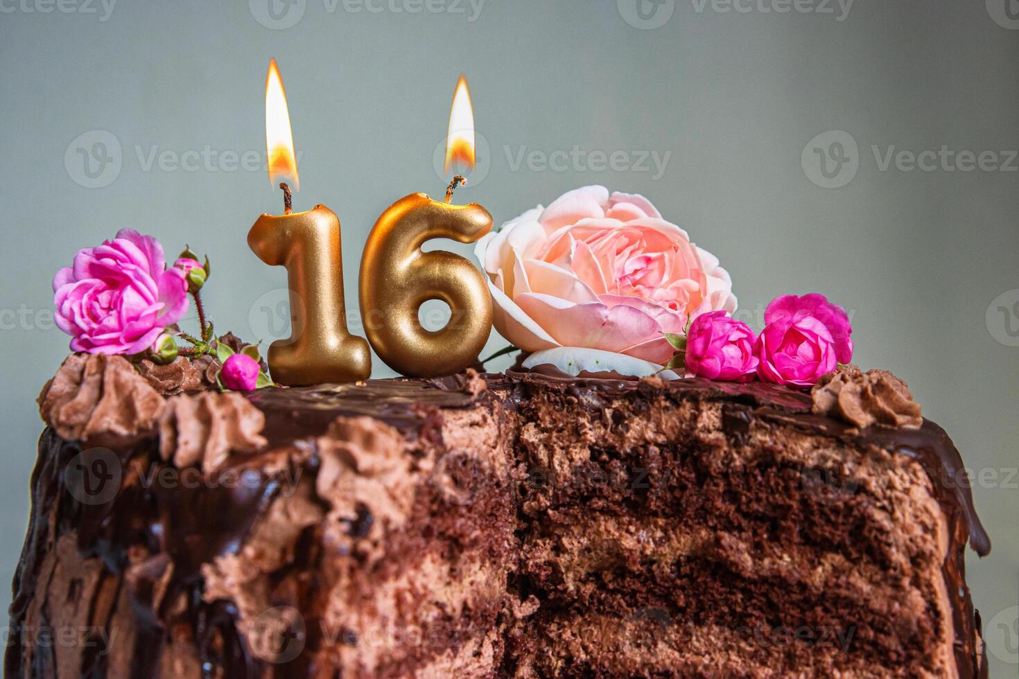 Sweet sixteen chocolate birthday cake decorated with golden glowing lit 16 candles and pink roses. Handmade torte for celebration of a special milestone event. Card design. Copy space 1 photo