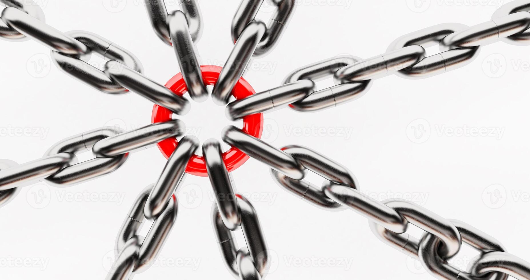 Steel chains connected by one link. Metal chain links isolated on white background . photo
