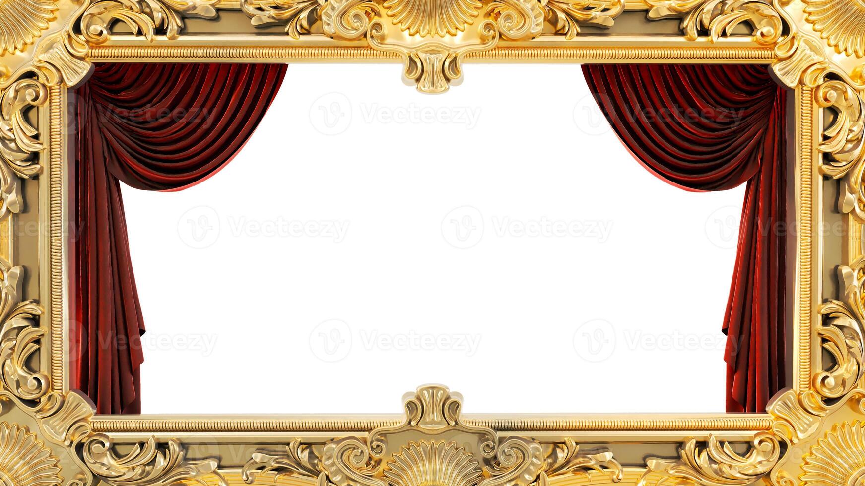 3D render of golden frame on a red curtain background, photo