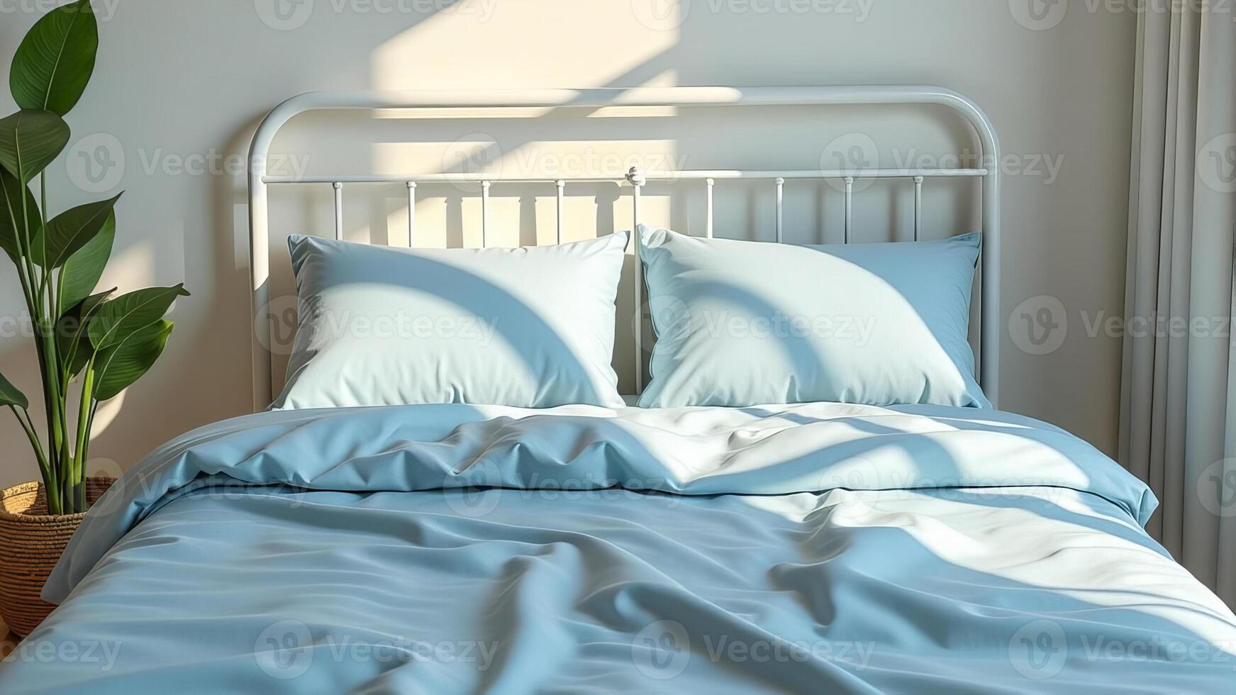 Pastel blue silk bedding on a white bed in a bright room. photo