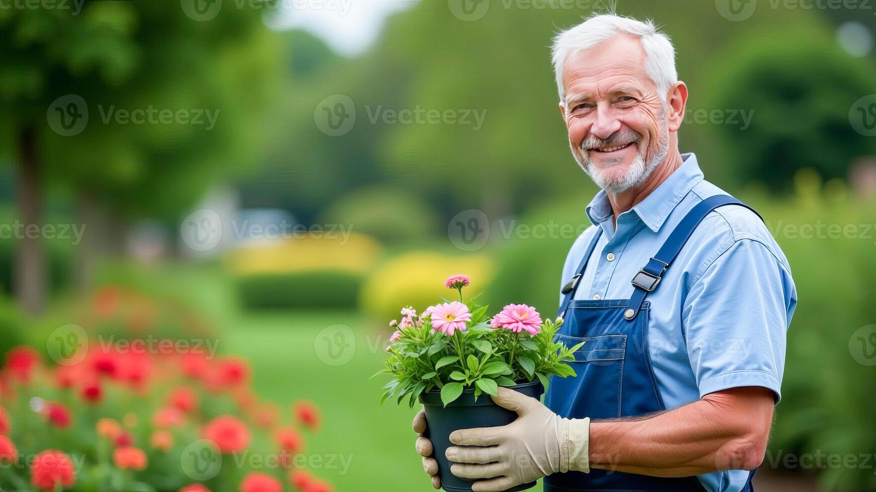 Smiling gardener in gloves and overalls with a container with a flowering plant photo