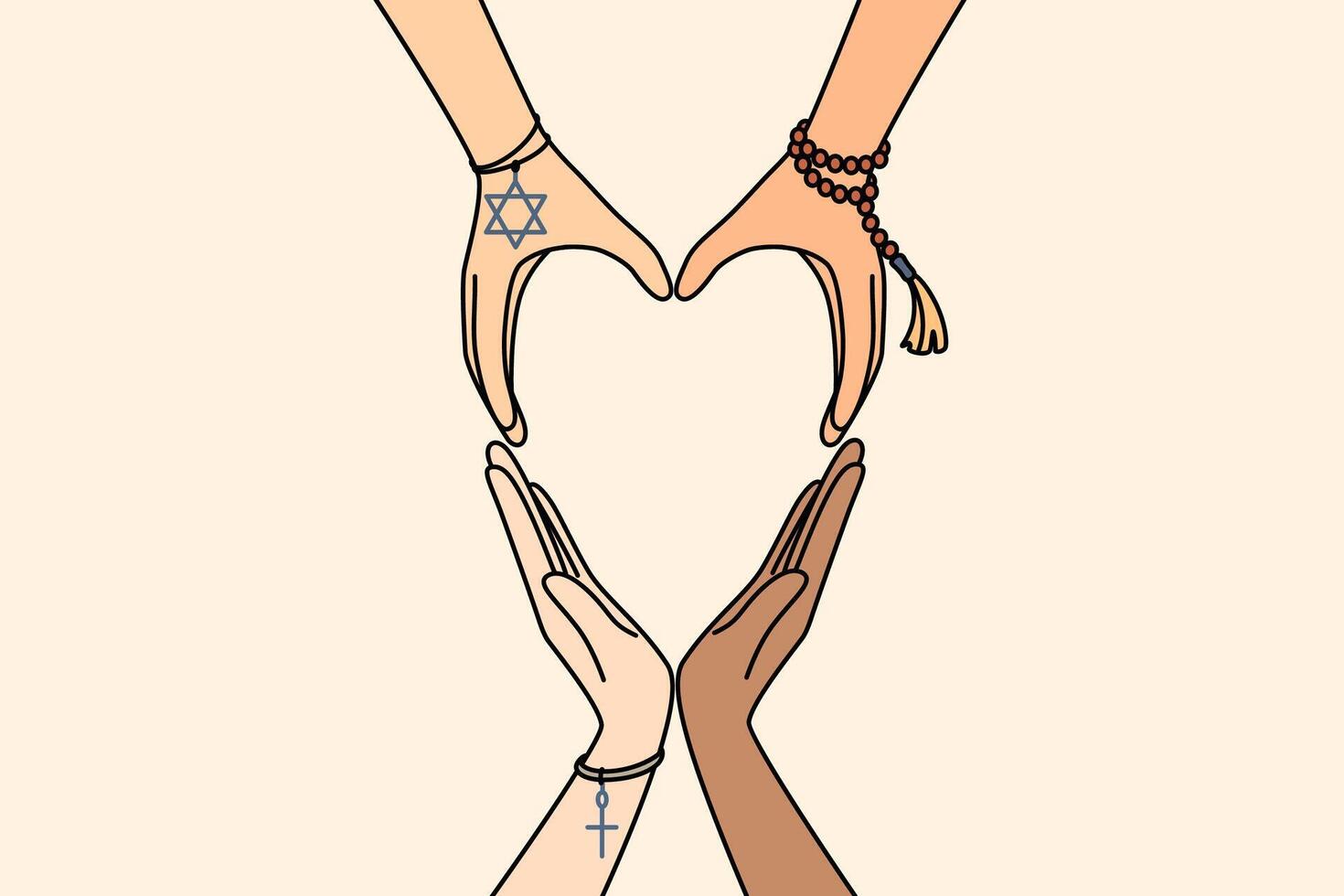 Interfaith friendship demonstrated by heart-shaped hands, with signs from islam and christianity vector