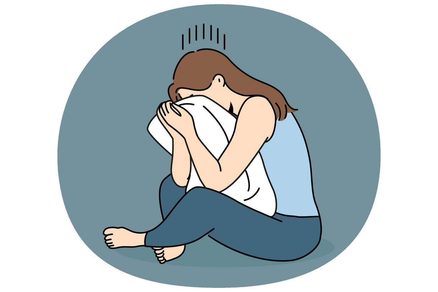 Crying woman sits hugging pillow and suffers because of breaking up with boyfriend vector