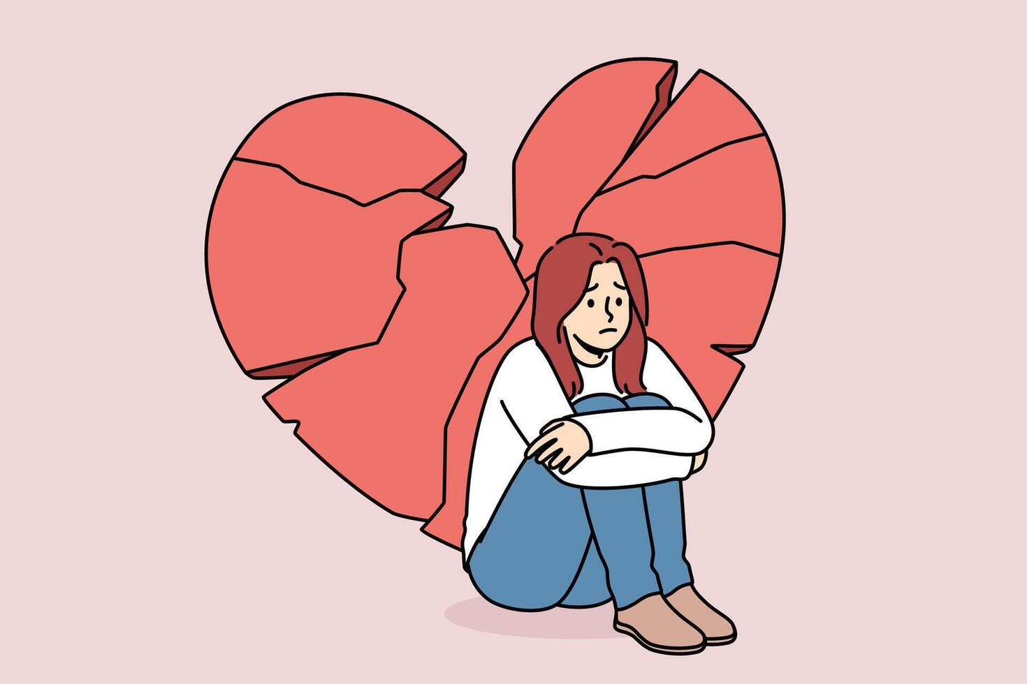 Woman sits near broken heart, experiencing serious stress after breaking up with loved one vector