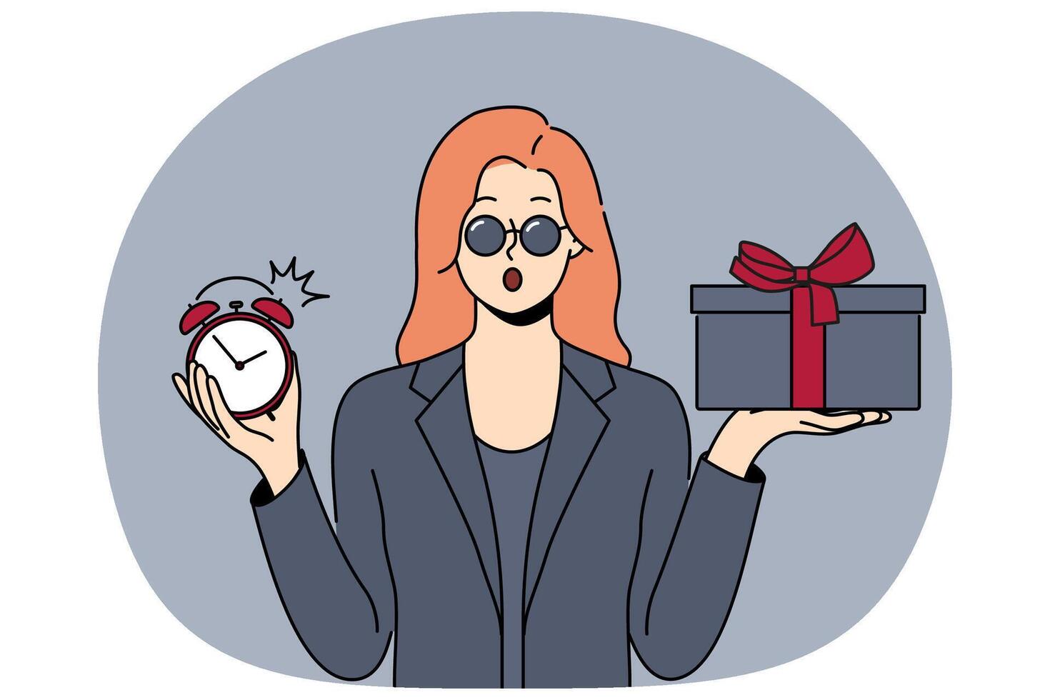 Shocked woman with gift and clock in hands opens mouth in surprise after learning about being late vector