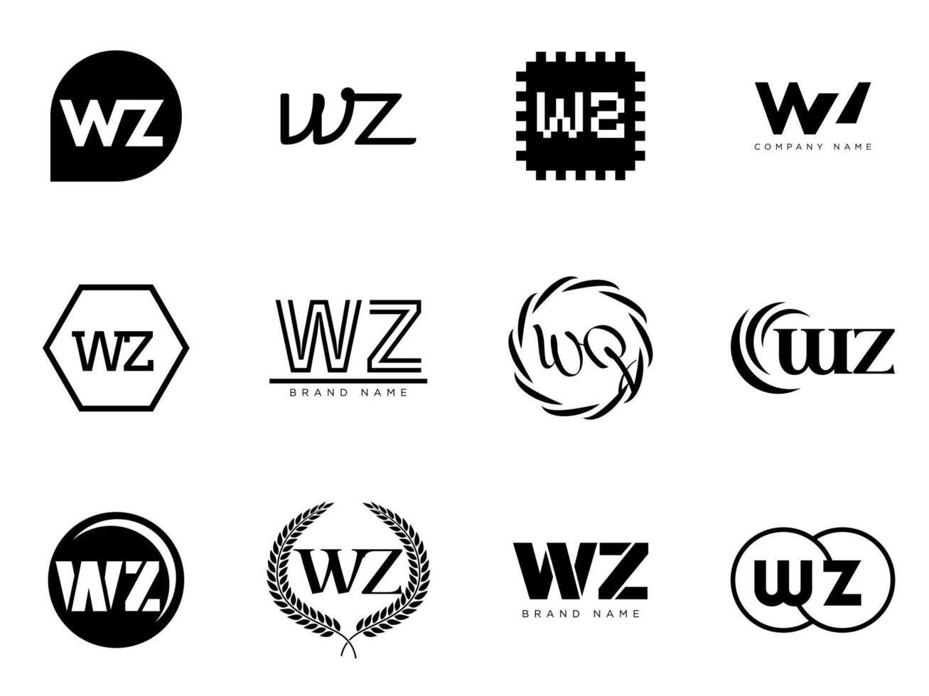 WZ logo company template. Letter w and z logotype. Set different classic serif lettering and modern bold text with design elements. Initial font typography. vector
