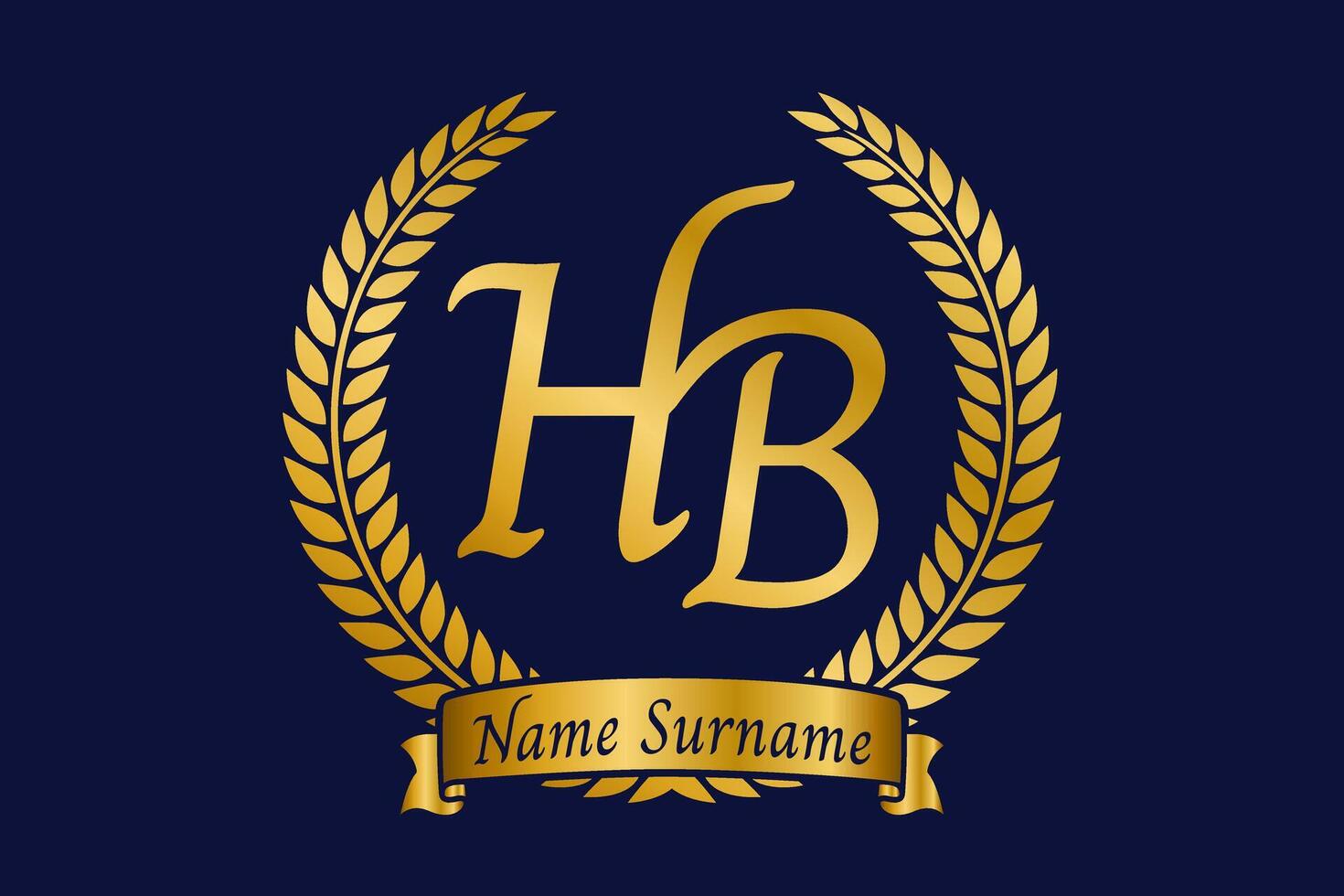Initial letter H and B, HB monogram logo design with laurel wreath. Luxury golden calligraphy font. vector