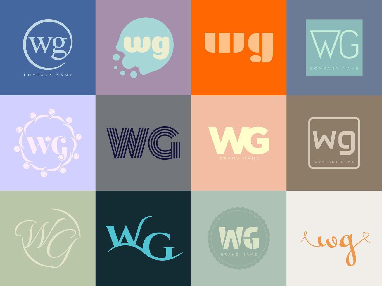 WG logo company template. Letter w and g logotype. Set different classic serif lettering and modern bold text with design elements. Initial font typography. vector
