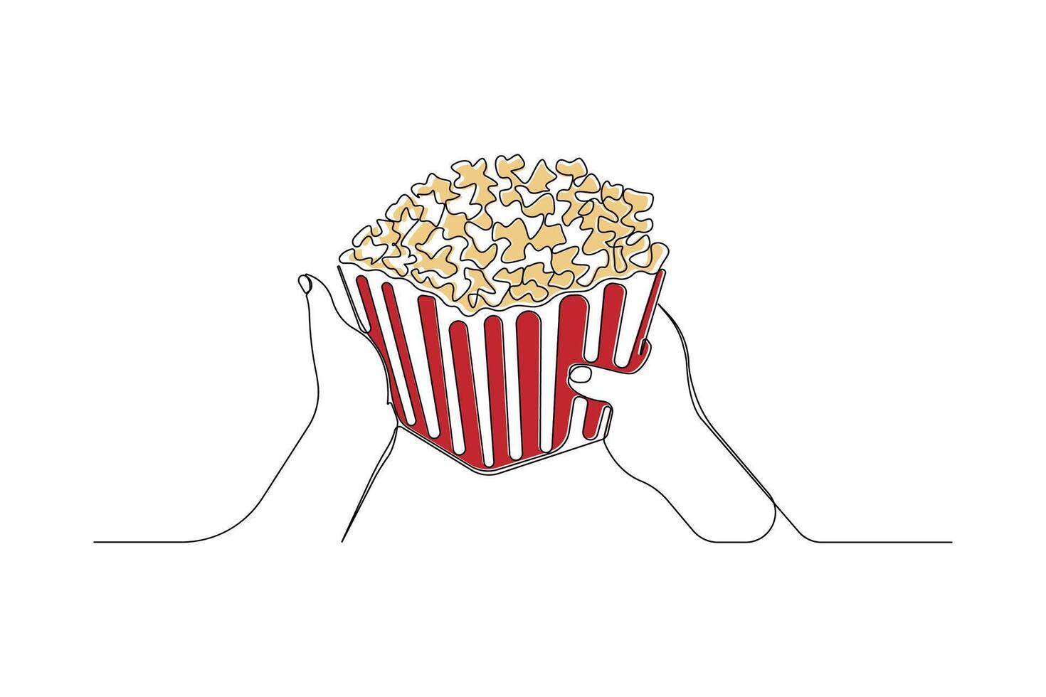 Continuous one-line art drawing of hands holding popcorn box. National Popcorn Day concept. vector