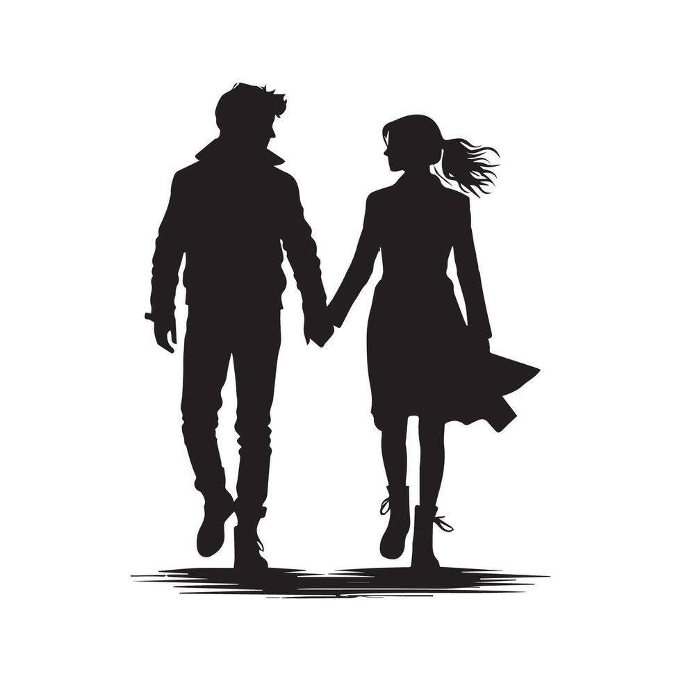 Black and white man and girl are walking holding hands silhouette. vector