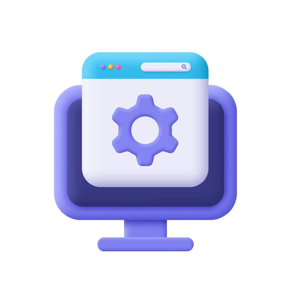 Computer monitor display with webpage browser and gear. Online support, settings, repair service and technical support concept. 3d icon. Cartoon minimal style. vector