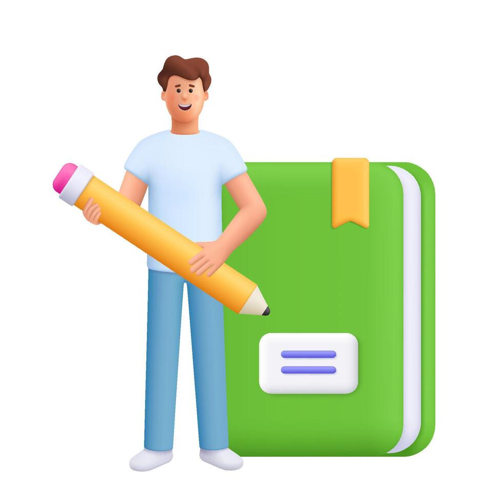Young smiling man James standing near huge book and holding pen. Education, study, knowledge , examination, homework concept. 3d people character. Cartoon minimal style. vector