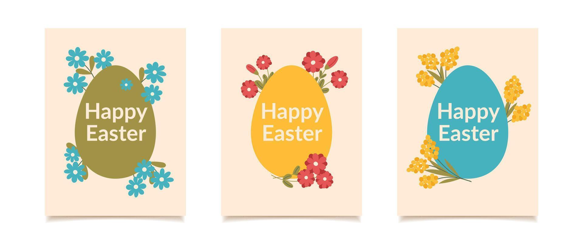 Easter cards set with eggs and flowers vector