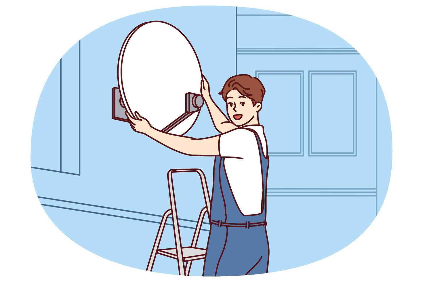Master installs television satellite dish on facade of building standing on stepladder vector