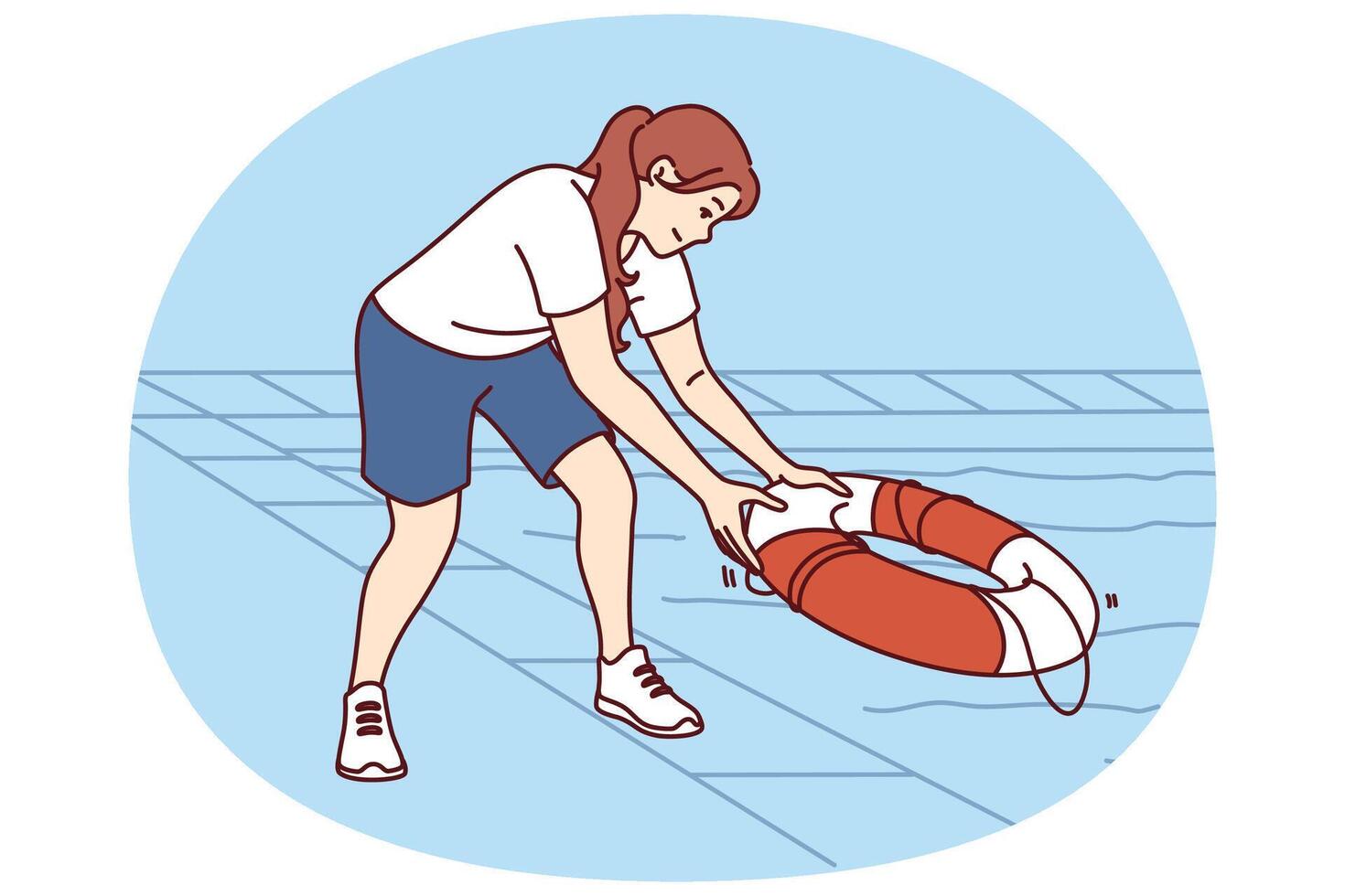 Woman throws lifebuoy into pool to help drowning or non-swimmer who has fallen into water vector