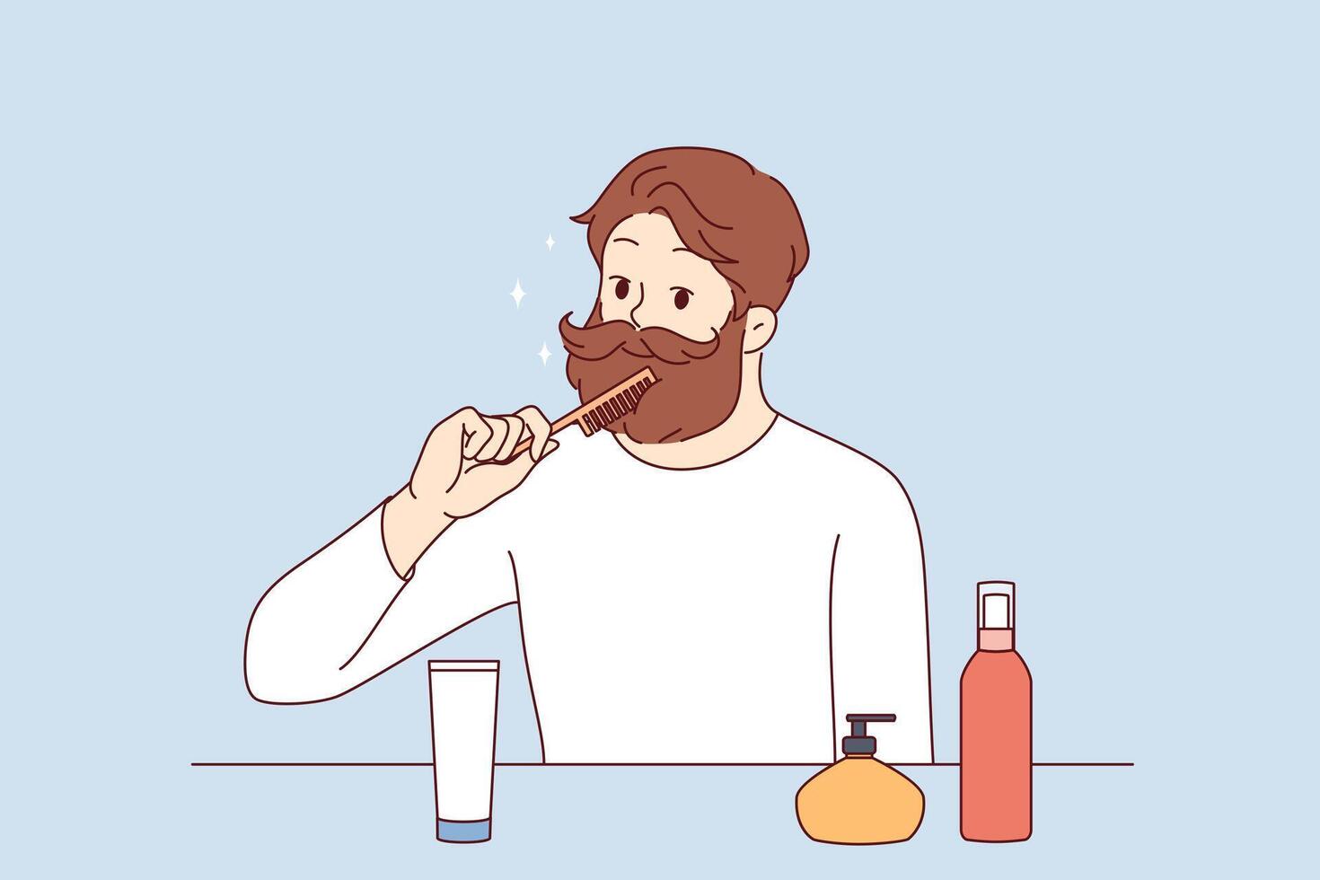 Brutal man takes care of beard and mustache, uses comb to create beautiful image vector