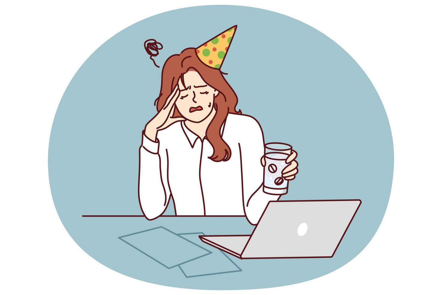 Woman office worker suffers from hangover after party and drinks pills to relieve headache vector