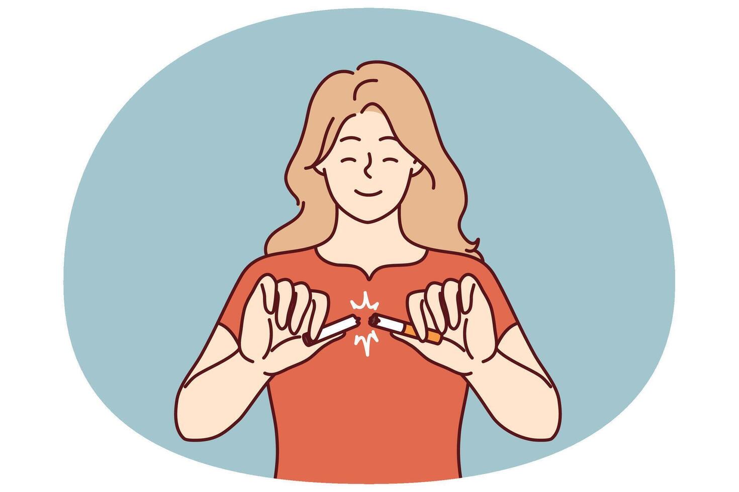 Woman with smile breaks cigarette as sign of fight against nicotine addiction and tobacco smoking vector