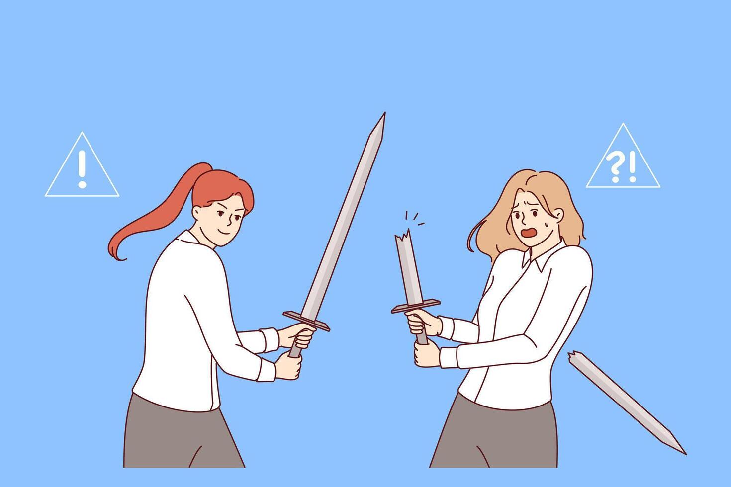 Battle of business women using swords to fight for vacant managerial position with high salary vector
