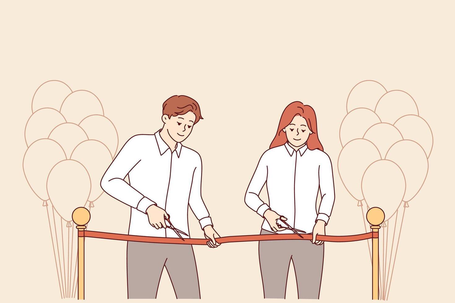 Opening ceremony of new business by man and woman cutting red ribbon at gala event vector
